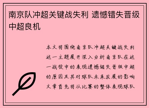 南京队冲超关键战失利 遗憾错失晋级中超良机